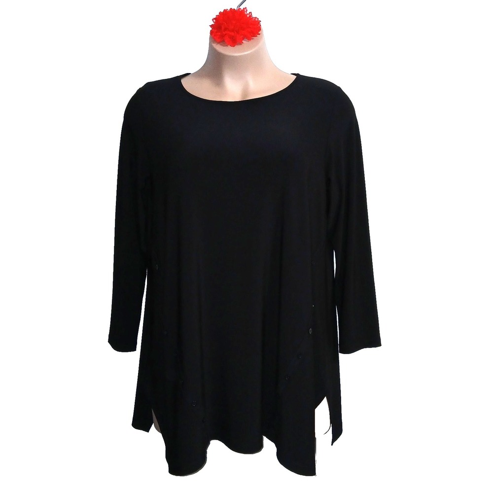 Sun Kim Women Tunic Top XL Black Minimalist Capsule Wardrobe Buttons Classic
